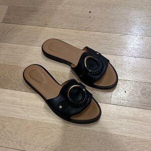 See By Chloe Black Slide Sandals with Gold Ring Detail